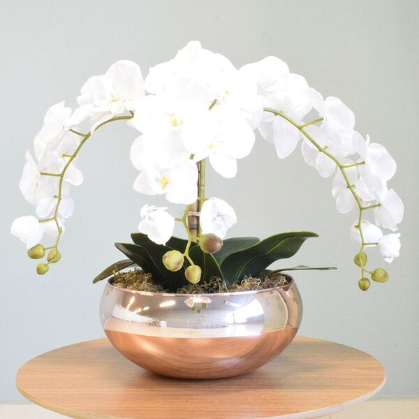 Arranjo Três Orquídeas Artificiais No Vaso Rose Gold Lagoon |